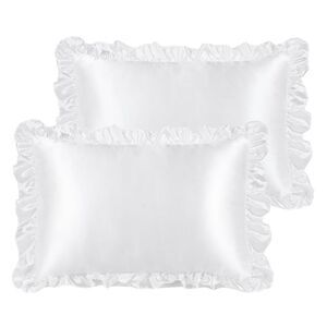 2Pcs Satin Ruffled Pillowcase Silk Pillow Shams 43x63cm White